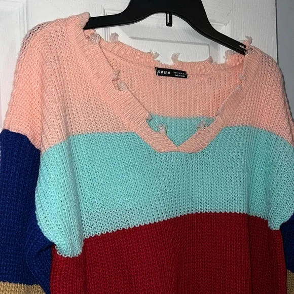 Shein Peach Blue Multi Color Frayed Stripe Sweater Top NWOT - Picture 3 of 11